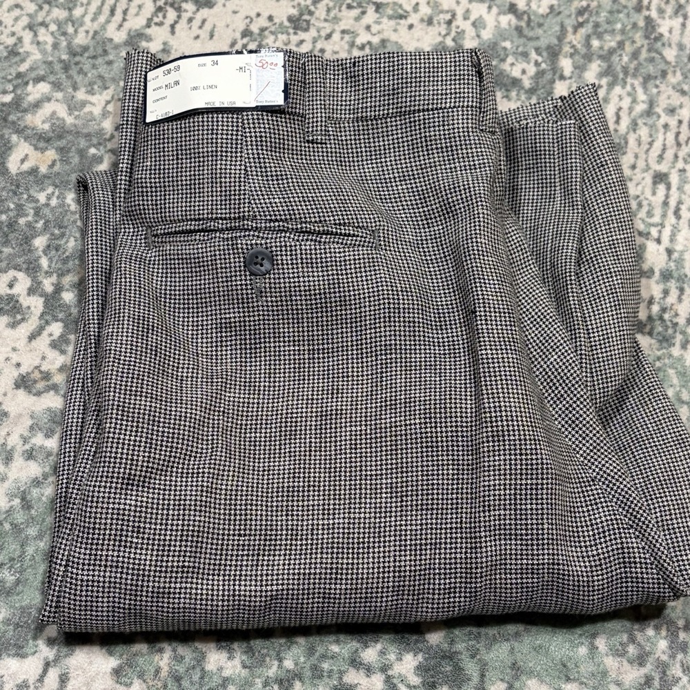 NWT Berle Tailored Milan Pleated Linen Trousers Pants Men's 34 Houndstooth USA